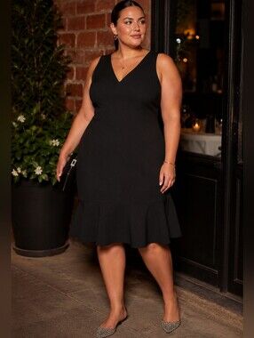 Reitmans Black V-Neck Midi Dress with Ruffle Hem